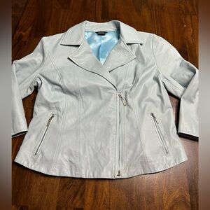 Grayse by Kelly and Marie Gray Light Blue Leather Jacket Moto Style Size Large